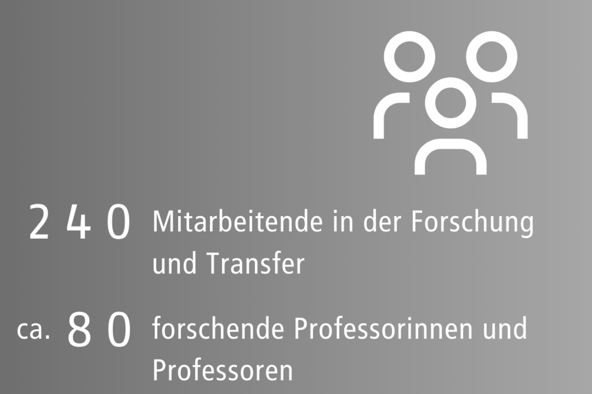 Graue Grafik mit weißer Schrift: 240 Mitarbeitende in der Forschung und Transfer, ca. 80 forschende Professorinnen und Professoren