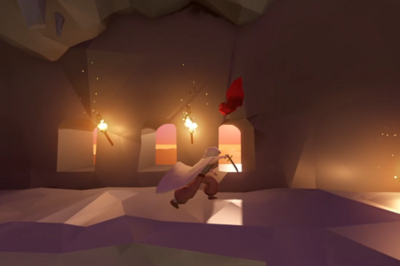 Spiel-Szene: MainCharacter rennt in einem uralten Tempel zur nächsten Quest.