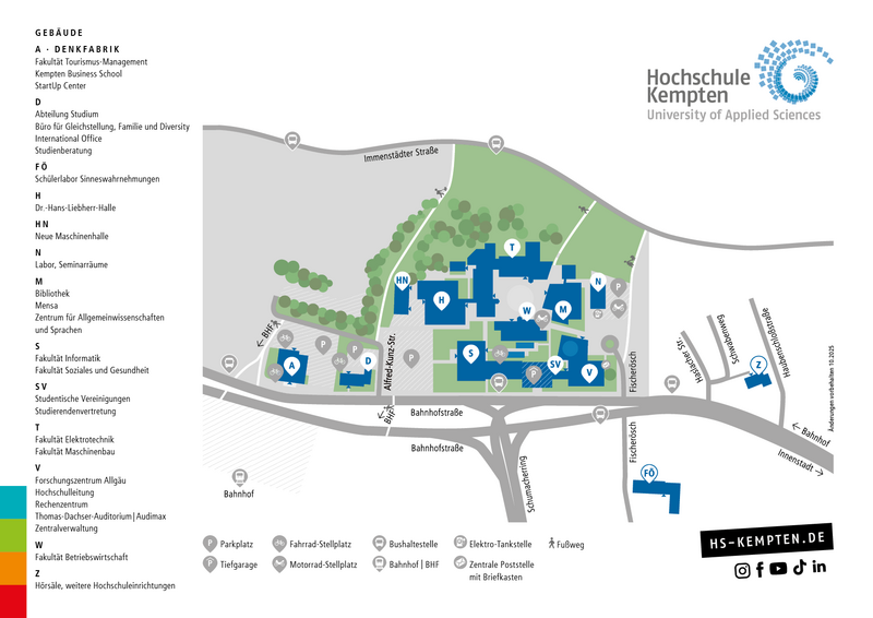 Campusplan der Hochschule Kempten mit Fakultäten, Mensa, Bibliothek, Tiefgarage und zentralen Einrichtungen rund um die Bahnhofstraße.