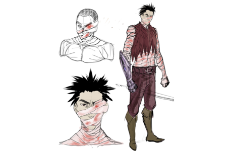 Drei ursprüngliche Design-Skizzen des Main Characters: Bleistift-Skizze und ausmodellierte Skizze des Kopfes sowie eine Skizze des ganzen Characters