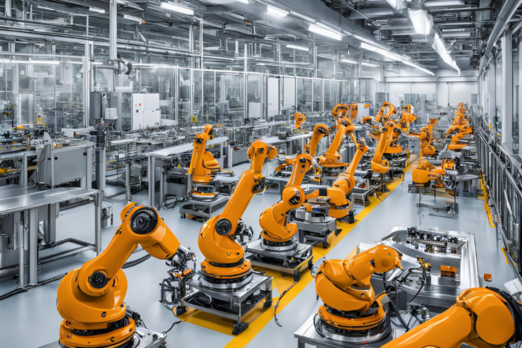 eine exemplarische Darstellung von KI-gesteuerten Robotern in der Fertigung