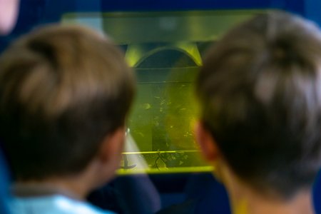 Schüler schauen in das Fenster einer Maschine 