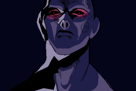 Symbol der Verzweiflung: lila-farbener Krieger mit roten Augen