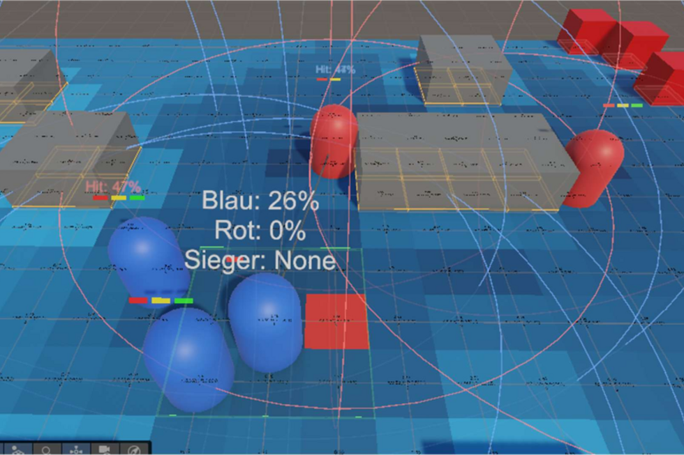 3D-Spielumgebung mit blauen und roten Spielfiguren, Hindernissen und eingezeichneten taktischen Weg- und Reichweitenlinien. Eine Einblendung zeigt die Trefferwahrscheinlichkeit für Blau (26 %) und Rot (0 %).