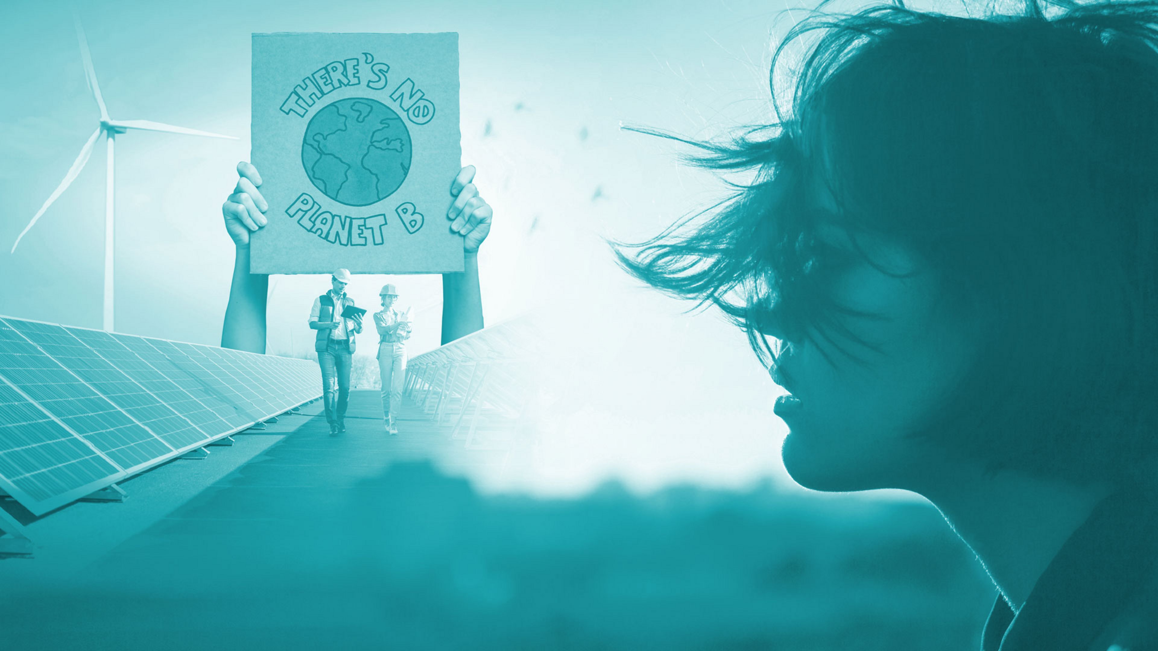Bildcollage mit Blick auf das Solarkraftwerk auf dem Dach mit zwei Ingenieuren, die zu Fuß gehen und Photovoltaikmodule untersuchen und Demonstrationsschildern mit Slogans „There’s no planet B“ und „Stop Climate Change“. 