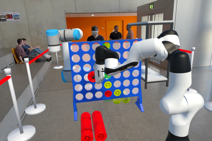 Zwei virtuelle Roboter spielen Vier-Gewinnt gegeneinander, gesteuert von Studierenden im Projekt ClankAV