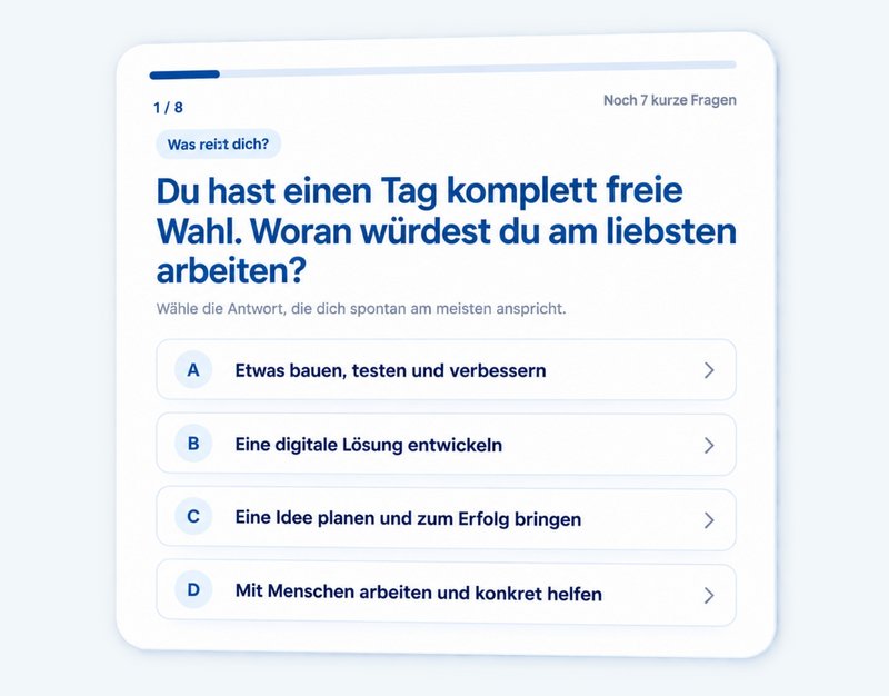 Vorschau auf den Studiencheck der Hochschule Kempten mit einer Frage zu beruflichen Interessen und vier Antwortmöglichkeiten