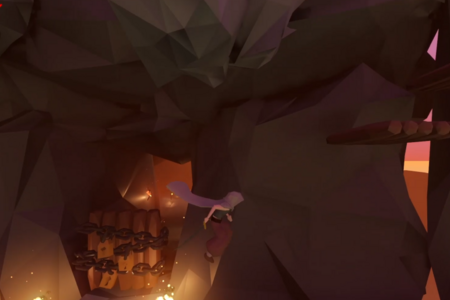 Spiel-Szene: MainCharacter überwindet Hindernisse in der Dunkelheit einer Höhle.