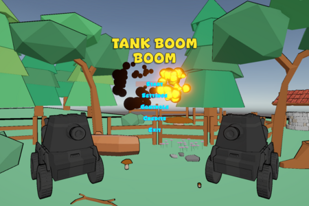 Startbildschirm von Tank Boom Boom mit Comic-haften Bäumen und zwei Panzern, davor die Buttons zu Start, Settings, Controls, Credits und Exit