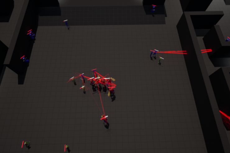Virtuelle Schlacht mit futuristischen Gegnern mit roten Lasereffekten in einer dunklen Arena