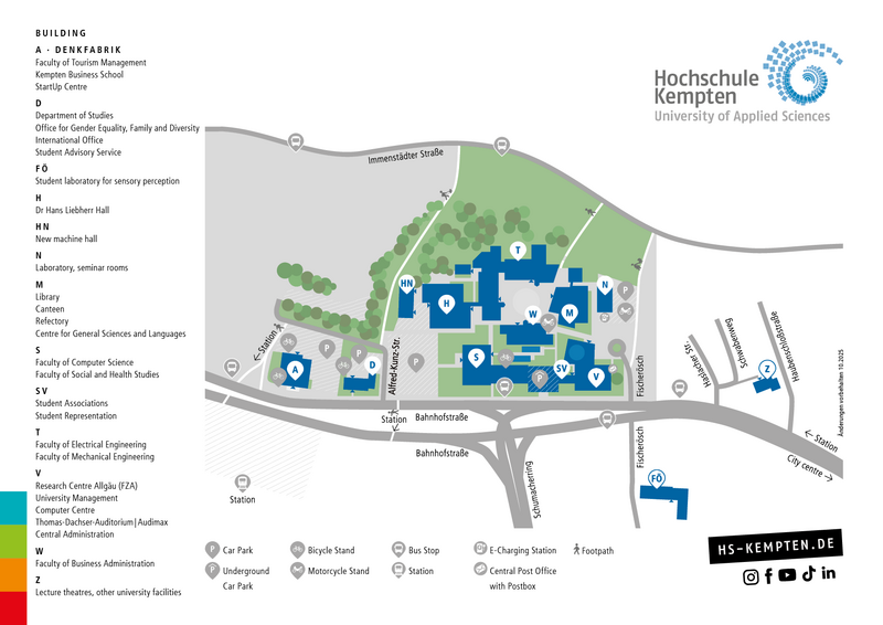Campus map of Kempten University of Applied Sciences with main buildings, library, cafeteria, parking areas and student facilities near Bahnhofstraße.
