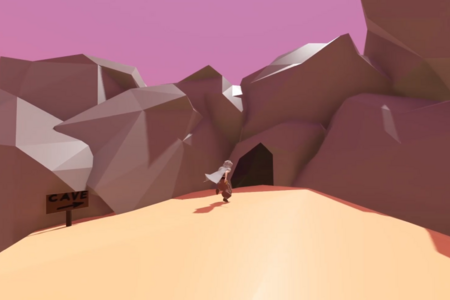 Spiel-Szene: Der MainCharacter auf dem Weg in eine alte Höhle in der Wüste.