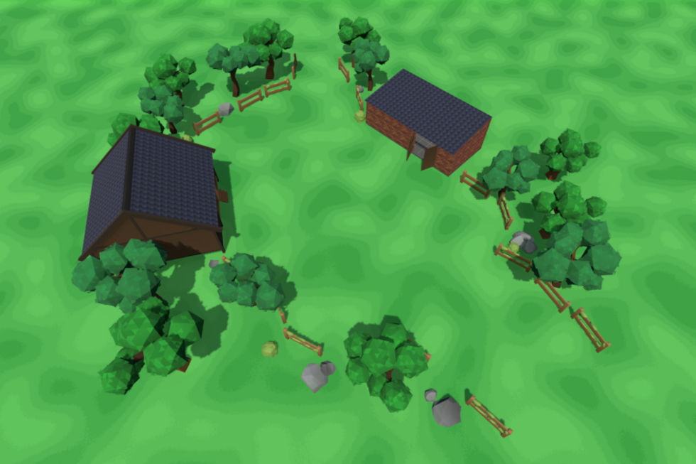 Vogelperspektive auf den Garten zu Beginn des Spiels