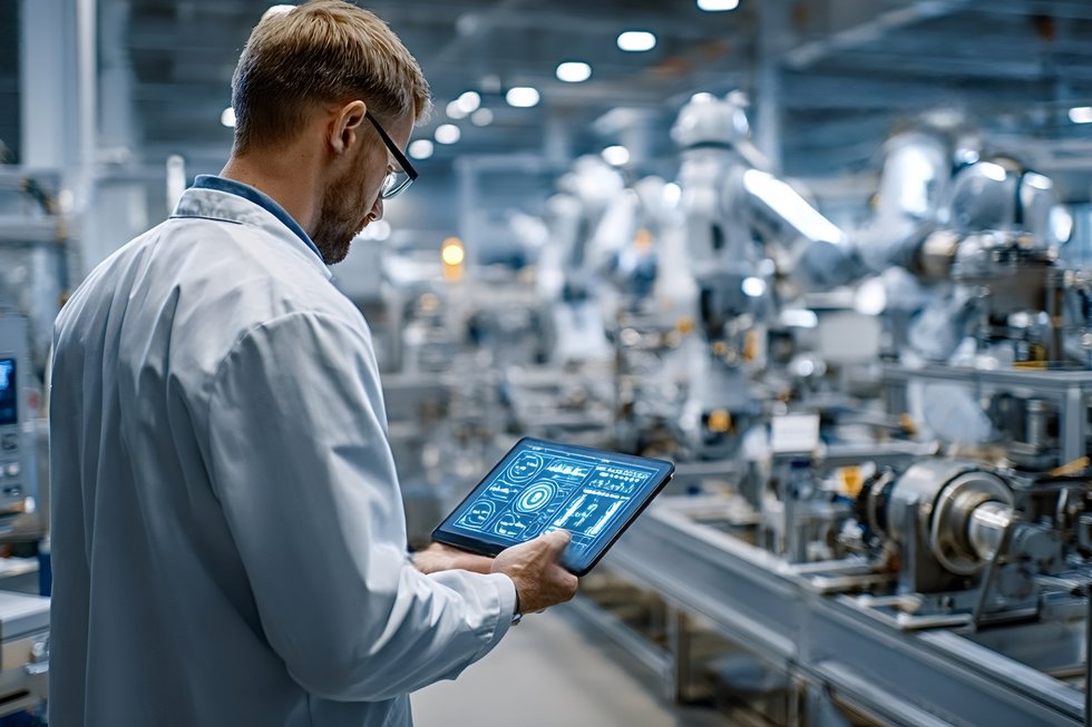 Ein Mann im weißen Kittel hält ein Tablet mit Daten in der Hand, er steht in einer Produktionshalle. 