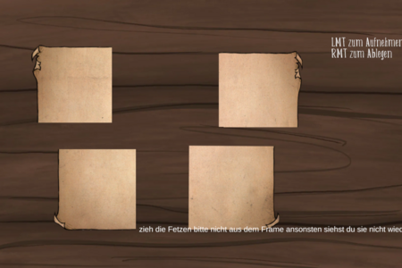 Spiel-Szene: Zerrissene Papier-Fetzen, die zusammengepuzzelt werden müssen