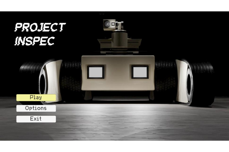 Start-Screen der Robotersimulation, genannt "Project Inspec" mit Buttons "Play", "Options" und "Exit"