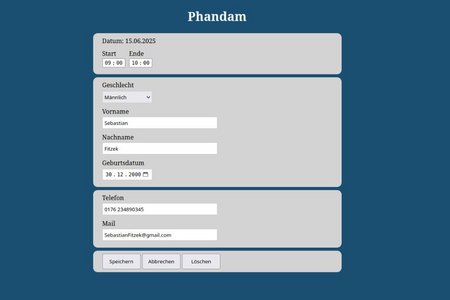 Screenhot der Phandam-Anwendung: Bearbeitung und Ansicht eines einzelnen Termins