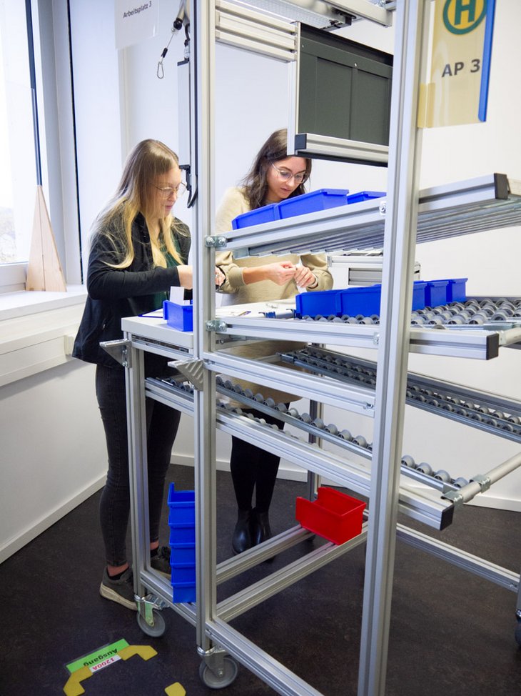 Fotos aus Fallstudien mit Studierenden in der Lernstatt für Produktionsmanagement und Qualitätsmanagement der Hochschule Kempten.