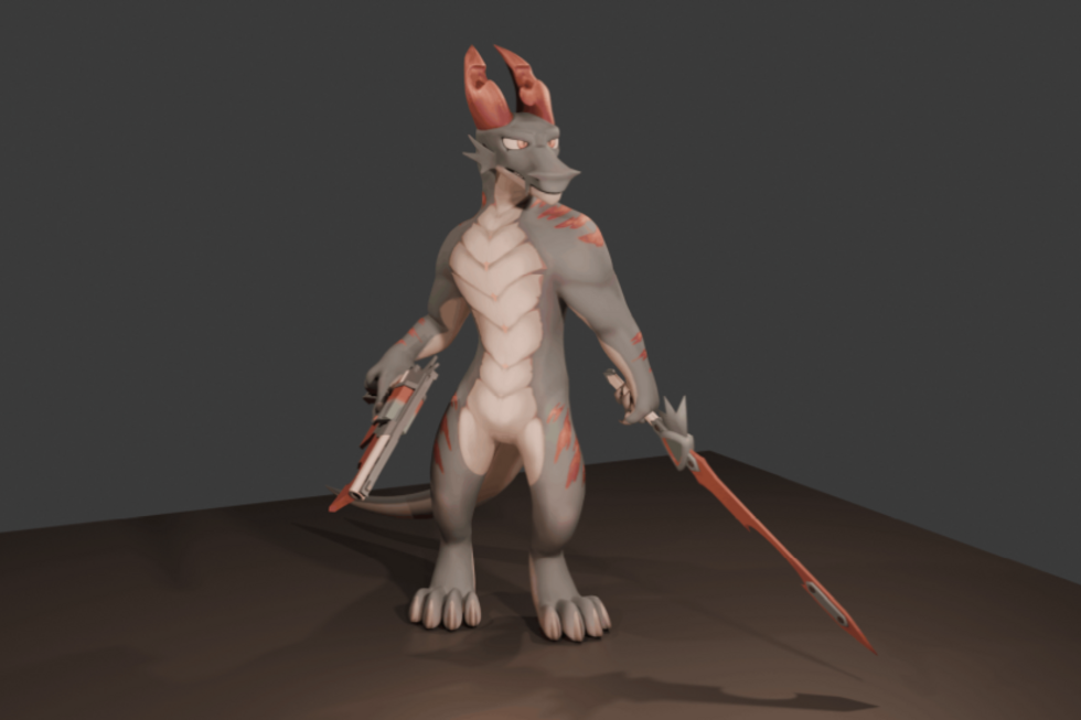 Zircu, ein drachenartiges Wesen mit Maschinenpistole und Schwert