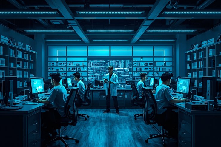 Das Bild zeigt eine futuristisch gestaltete Laborumgebung mit blauem Licht, in der mehrere Personen an Computern sitzen und digitale Anwendungen nutzen. In der Mitte steht eine Person mit Tablet und wirkt koordinierend oder analysierend. Die Szene vermittelt eine technologische Forschungsumgebung und steht sinnbildlich für den Einsatz computergestützter Spiele als wissenschaftliches Instrument in der psychologischen Forschung, wie er im Rahmen der Konferenz „PsyGames 2026“ thematisiert wird.