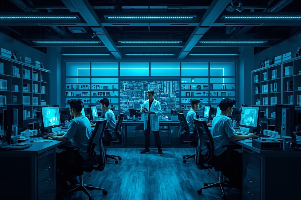 Das Bild zeigt eine futuristisch gestaltete Laborumgebung mit blauem Licht, in der mehrere Personen an Computern sitzen und digitale Anwendungen nutzen. In der Mitte steht eine Person mit Tablet und wirkt koordinierend oder analysierend. Die Szene vermittelt eine technologische Forschungsumgebung und steht sinnbildlich für den Einsatz computergestützter Spiele als wissenschaftliches Instrument in der psychologischen Forschung, wie er im Rahmen der Konferenz „PsyGames 2026“ thematisiert wird.