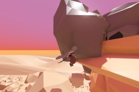 Spiel-Szene: MainCharacter springt auf einen Fels-Vorsprung