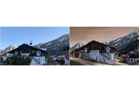 Links ist das Foto eines realen Hauses in den Bergen zu sehen. Rechts ist die daraus generierte Spiel-Szene zu sehen.