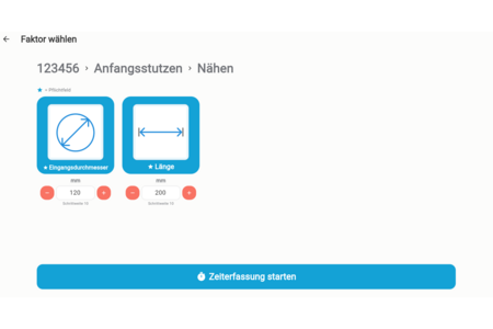 Screenshot der App: Der Nutzer wählt den Faktor von Eingansdurchmesser und Länge und kann dann die Zeiterfassung starten.