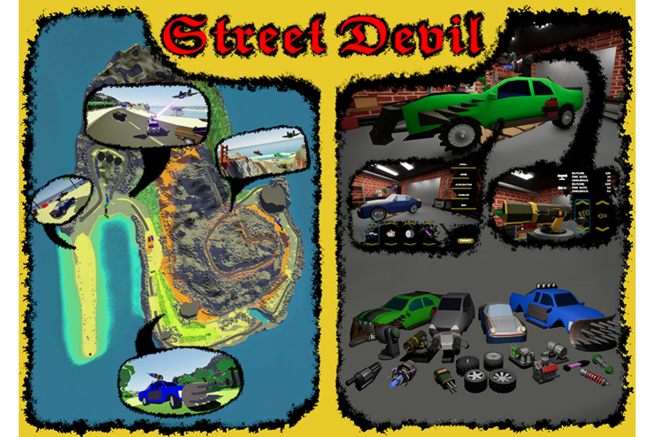 Plakat zu Street Devil: Links die Spiel-Map in Form einer Insel, rechts die Autos mit unterschiedlicher Ausstattung
