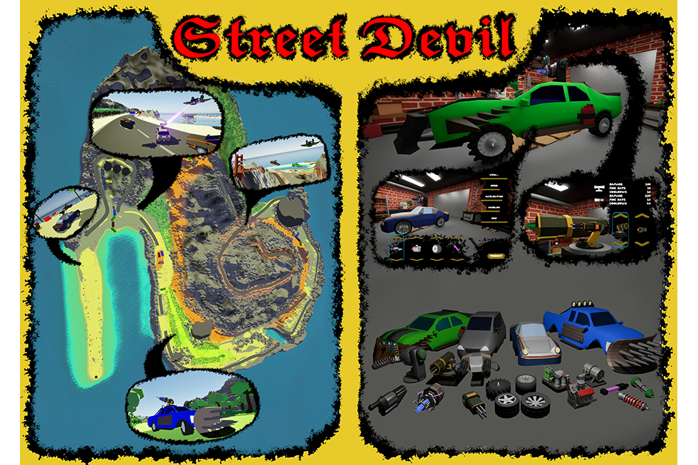 Plakat zu Street Devil: Links die Spiel-Map in Form einer Insel, rechts die Autos mit unterschiedlicher Ausstattung