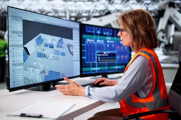 Eine Frau mit orangener Warnweste sitzt vor einem Bildschirm. 