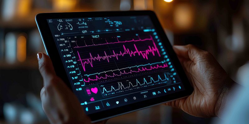 Zwei Hände halten ein Tablet, auf dem Gesundheitsdaten und Analysen zu sehen sind. 
