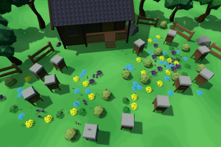 Spiel-Szene: Garten voller Bienenstöcke und Blumen