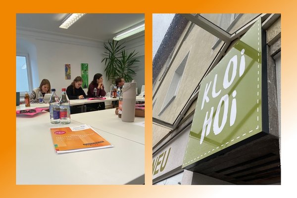 Das Bild gliedert sich in zwei Bereiche. Links ist eine Gruppe junger Menschen an einem Tisch zu sehen, die sich Notizen machen und einer Person (nicht im Bild) zuhören. Im Vordergrund liegt eine Broschüre zum Dualen Studium der Studiengänge Sozialmanagement und Gesundheitsmanagement an der Hochschule Kempten. Auf der rechten Seite ist das Schild des Geschäfts KLOI HOI zu sehen, einem Geschäft für gebrauchte und neue Kindersachen in Kempten.