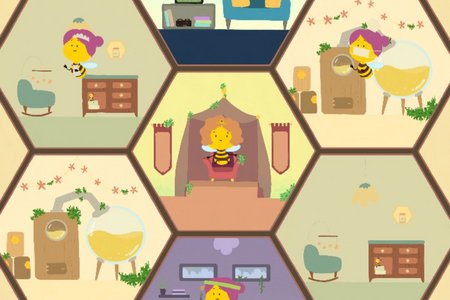 Spiel-Szene: Innenleben des Bienenstocks mit unterschiedlich bewohnten Waben