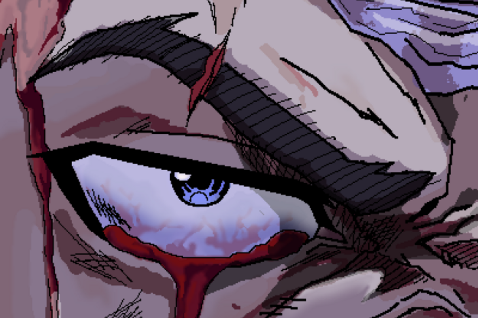 Nah-Aufnahme des Main Characters: Blutunterlaufenes Auge mit grimmigem Gesichtsausdruck