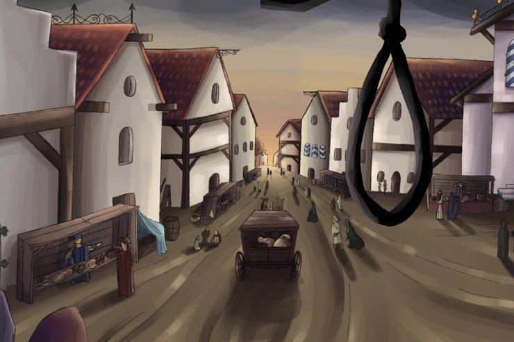 Spiel-Szene: Wagen fährt durch die Gassen einer Stadt, im Vordergrund der Strick eines Galgens.
