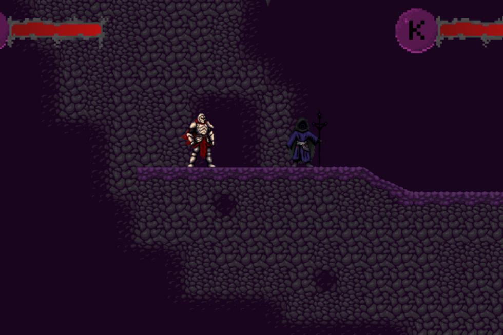 Spiel-Szene: Schatten-Magier und der tapfere Ritter gemeinsam am Eingang der Höhle