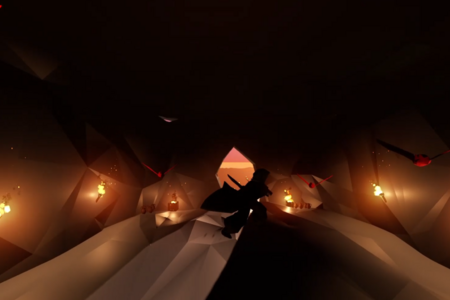 Spiel-Szene: Im dunklen Tempel bekämpft der MainCharacter einen weiteren Gegner.