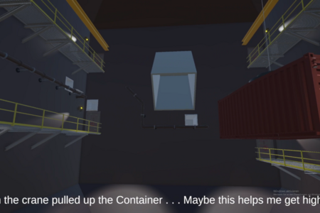 Szene aus Robo's Escape, in der Robo überlegt, ob er den Kran im Bild für seine Flucht nutzen kann.