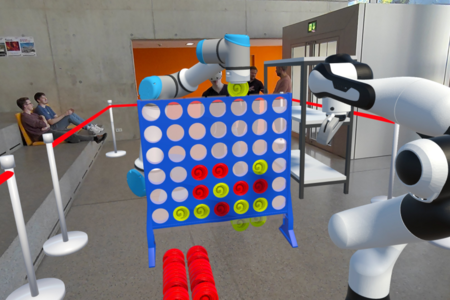 Zwei virtuelle Roboter spielen Vier-Gewinnt gegeneinander, gesteuert von Studieren
