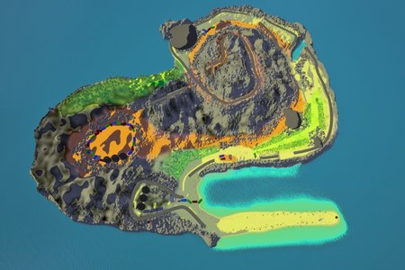 Spiel-Map: Insel mit Küstenstraßen und Serpentienen auf den Berg