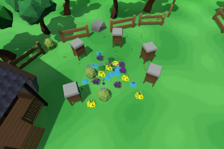 Spiel-Szene: Fünf Bienenstöcke im Garten voller Blumen