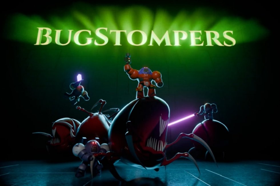 Titelbild von Bugstompers: Mehrere Charaktere stehen neben oder auf einem riesigen Käfer