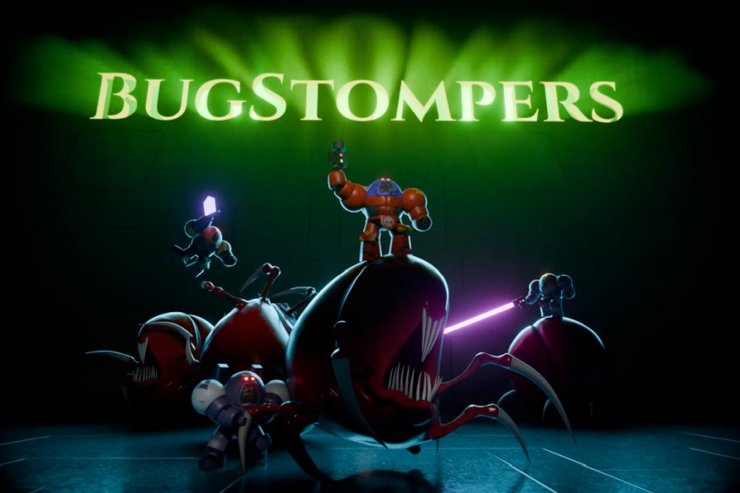 Titelbild von Bugstompers: Mehrere Charaktere stehen neben oder auf einem riesigen Käfer