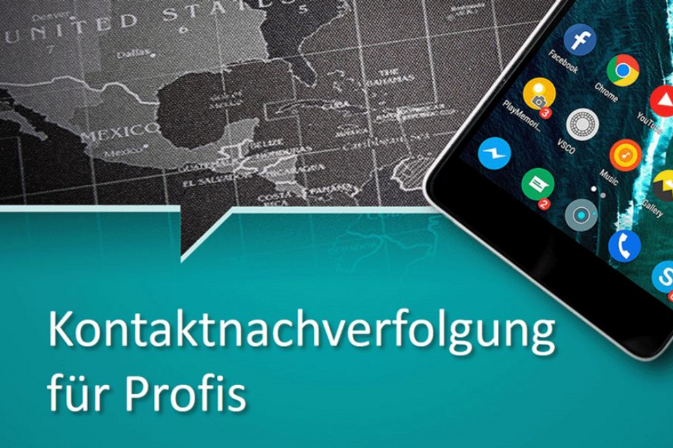 Ein Smartphone liegt auf einer Weltkarte, darunter der Schriftzug "Kontaktnachverfolgung für Profis"