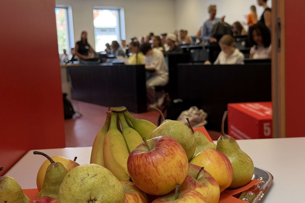 Im Vordergrund ist Obst zu sehen, im Hintergrund unscharf das Innere eines Hörsaals.