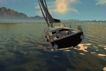 Spielwelt: Nahaufnahme des Segelboots, das sich in eine Linkskurve legt, der Sonne und den Berggipfeln entgegen.
