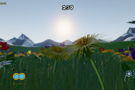 Blumenwiese aus der Perspektive einer Biene im Anflug auf Löwenzahn; im Hintergrund geht die Sonne über verschneiten Berggipfeln auf. am oberen Rand ist der Punktestand zu sehen, rechts unten Icons zu Spiel-Steuerung.