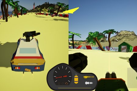 Zwei-Spieler-Modus: Links das Auto in der Third-Person-Perspektive, rechts der Blick aus dem Cockpit auf Palmen und ein Gebirge.